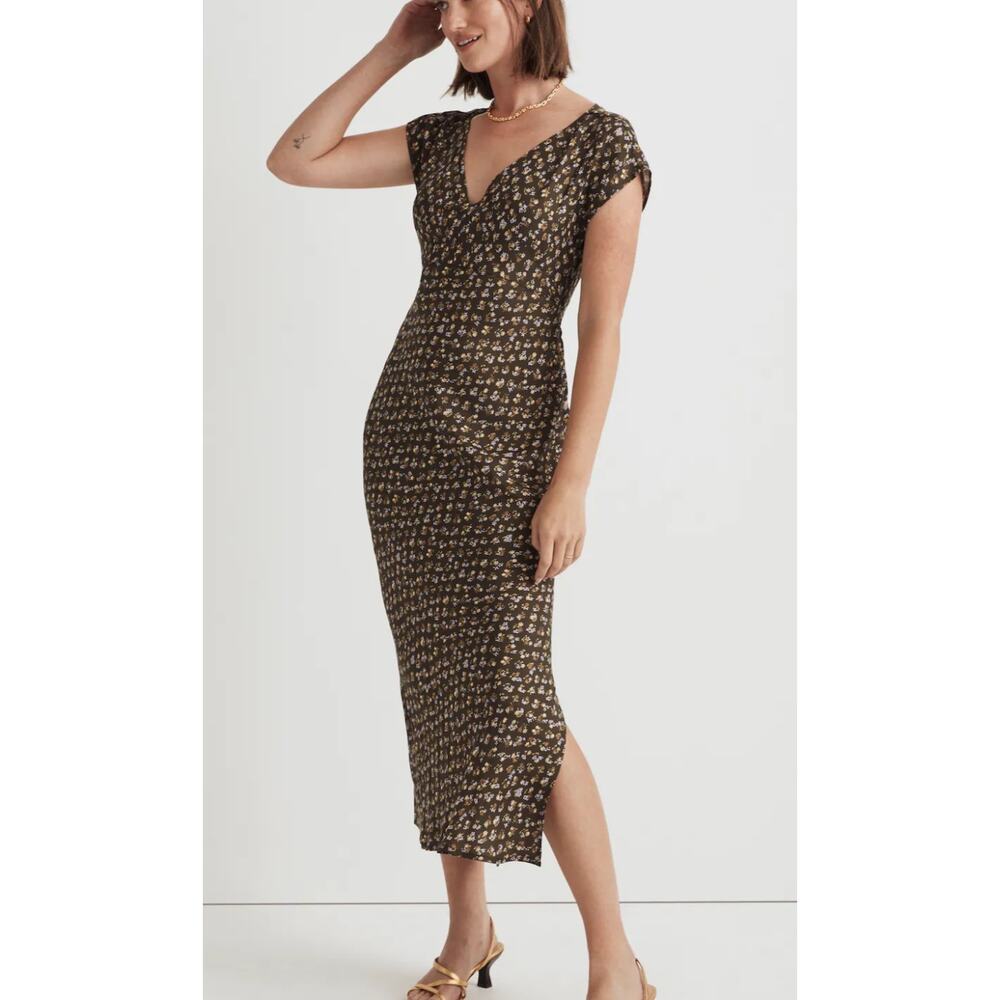 Madewell Floral Wide V-Neck Midi Dress 8 Expedition Green Cap Sleeve